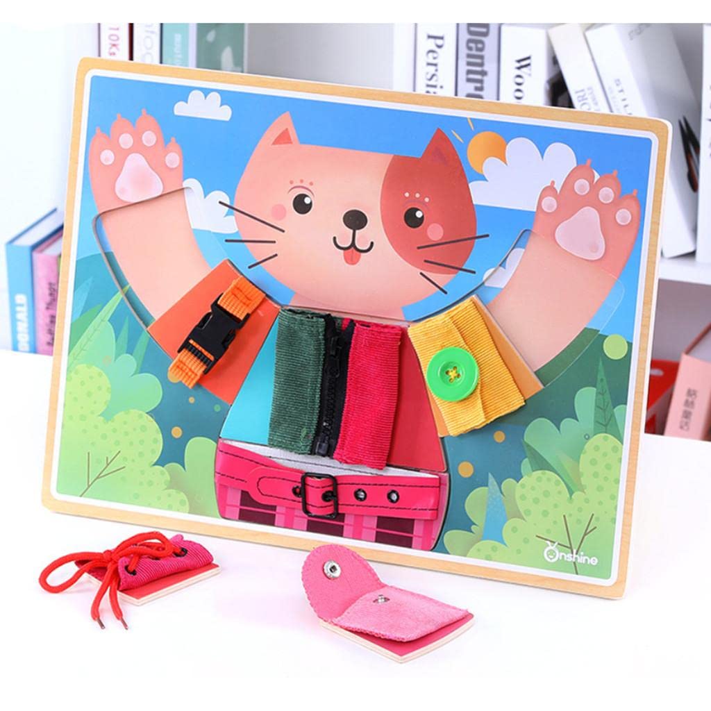 6 in 1 Montessori Learn to Dress Boards Early Basic Life Skills Training Cat Board Toys - Zip, Snap, Button, Buckle, Lace & Tie Baby Kids Educational