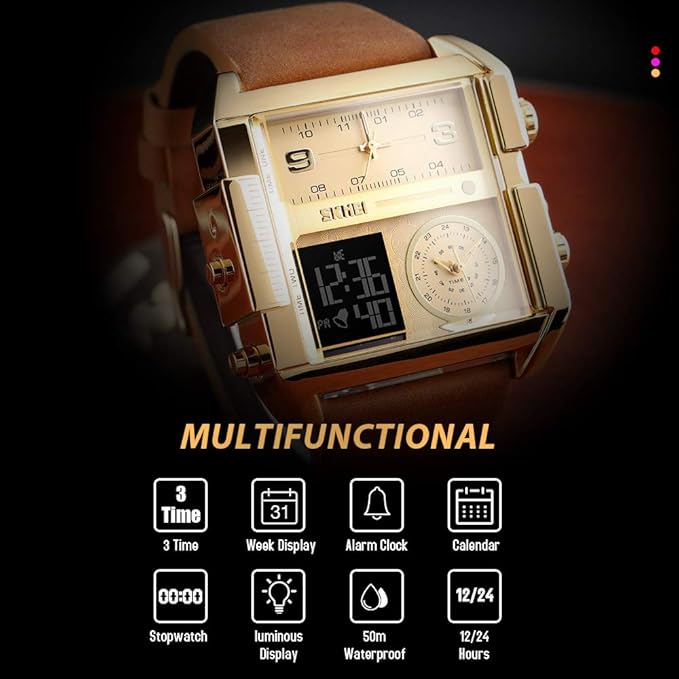 SKMEI Men's Digital Sports Watch, Big Face LED Square Analog Quartz Wrist Watch with Multiple Time Zones Waterproof