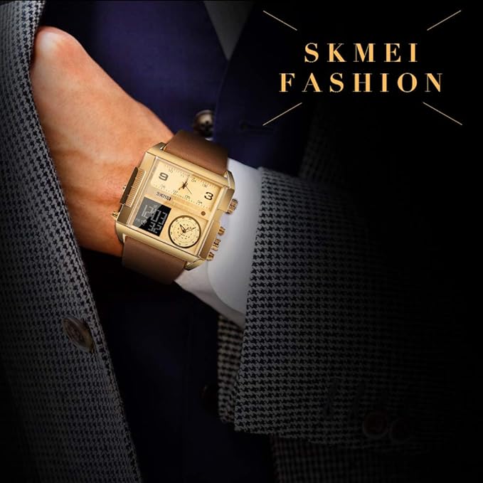 SKMEI Men's Digital Sports Watch, Big Face LED Square Analog Quartz Wrist Watch with Multiple Time Zones Waterproof