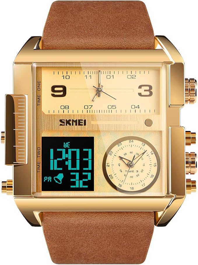 SKMEI Men's Digital Sports Watch, Big Face LED Square Analog Quartz Wrist Watch with Multiple Time Zones Waterproof
