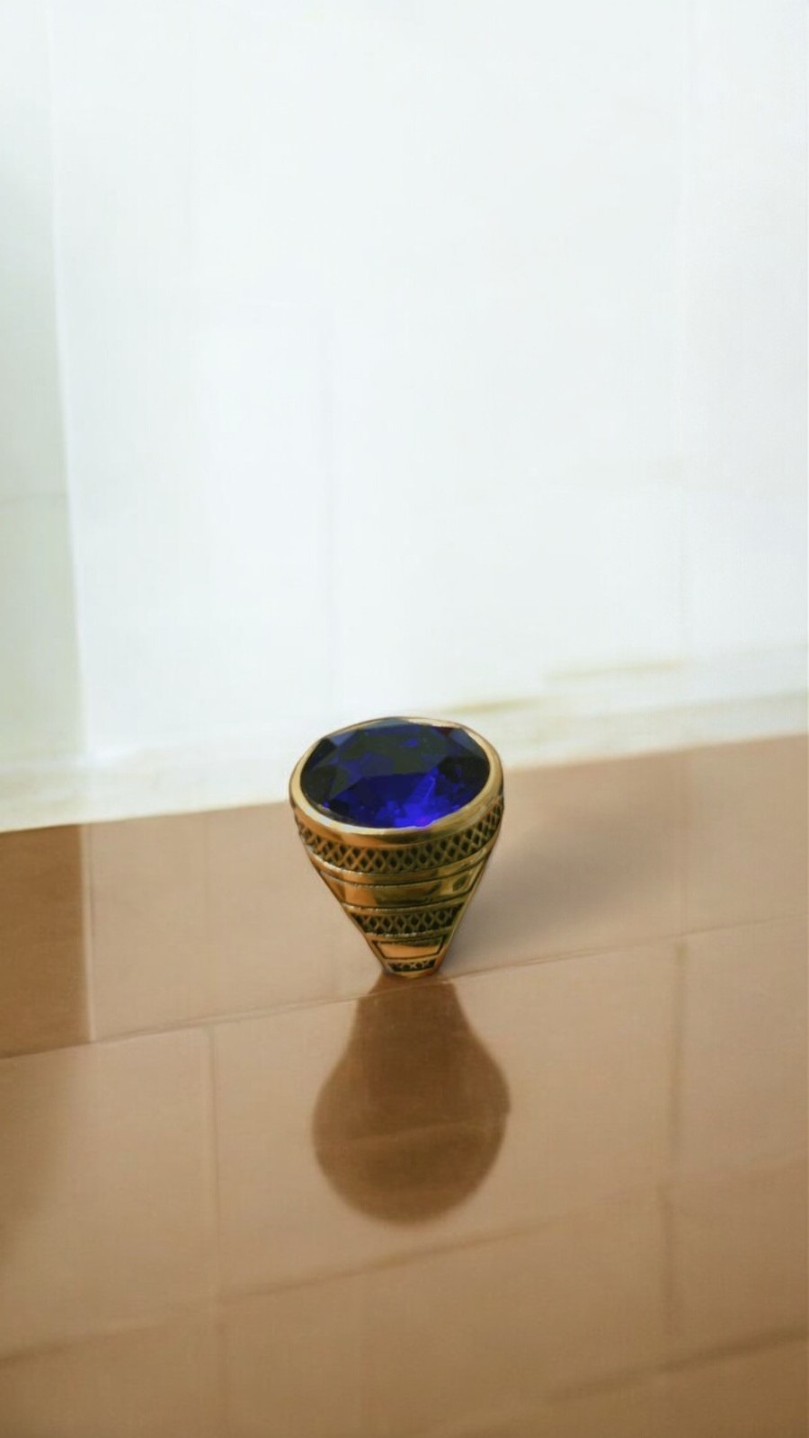 Ring men royal blue sapphire simulated stainless steel gold fleur de lis Size 8