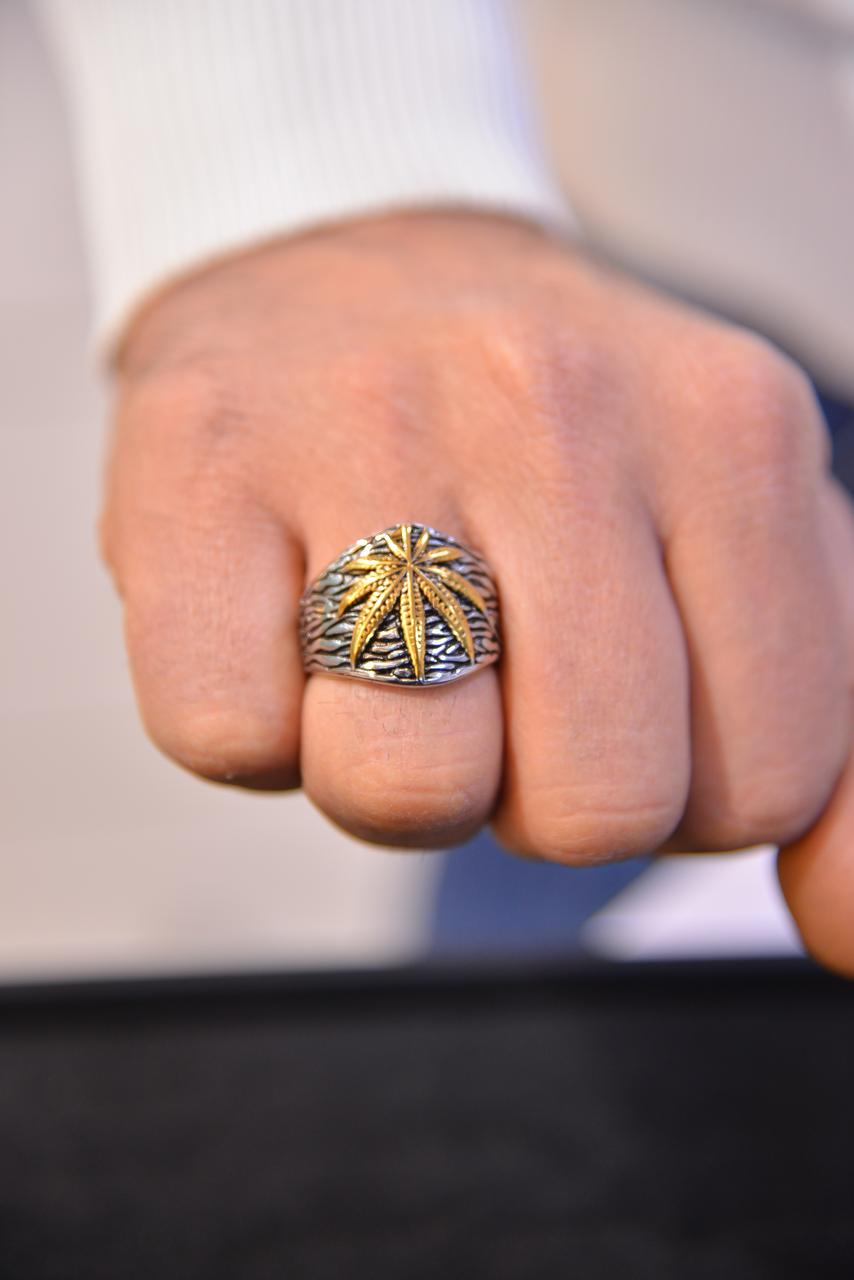 Elfasio Men's Ring with Plant Leaf Symbol, Fashion Silver Gold Jewelry Size 7-13