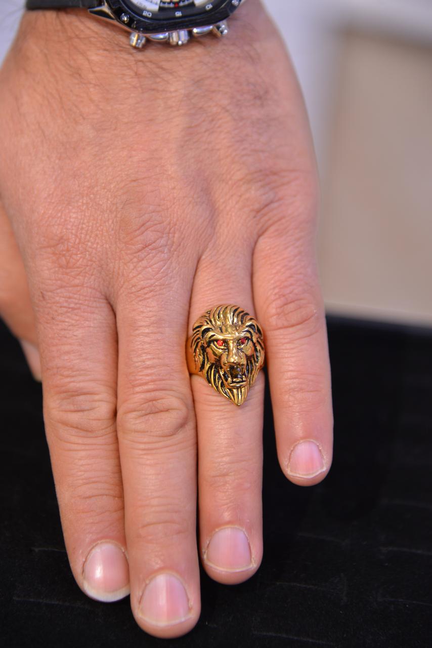 Men's Lion Head Ring Faux Ruby Red Gold Plated Stainless Steel