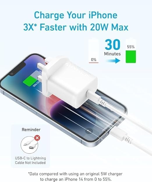 Anker 20W Ultra-Fast USB-C Wall Charger for iPhone, iPad, iPod, and More (5ft USB-C to USB-C Cable) White, B2347K21