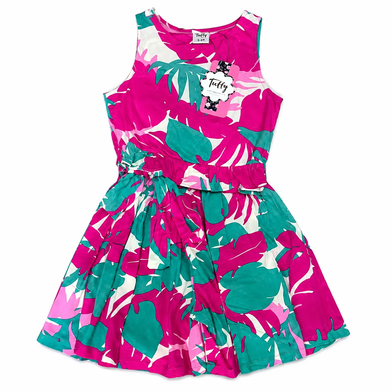 Tuffy Kids Girl Clothing Set - Sleeveless Tropical Print Outfit - Soft Fabric - Pink & Green color option