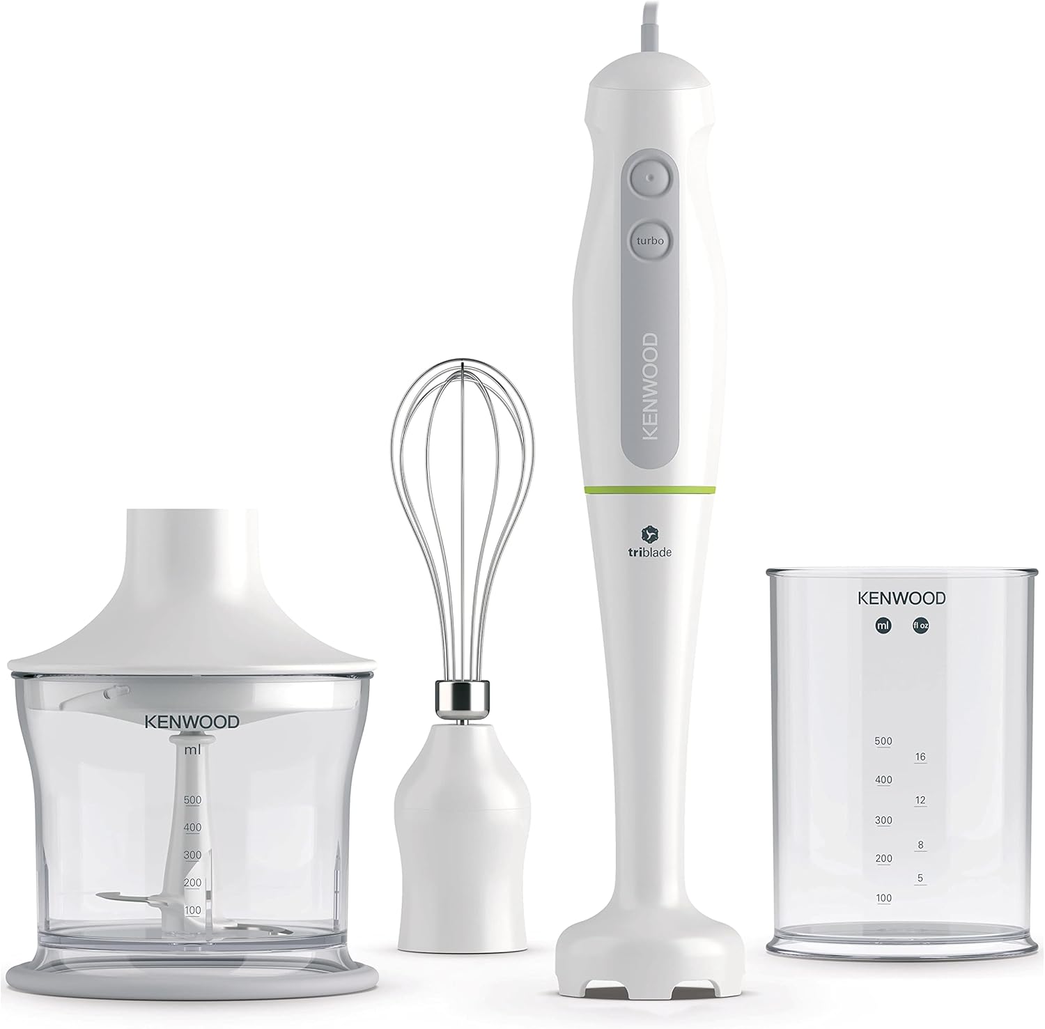 Kenwood Hand Blender 600W with 500ml Chopper, 500ml Jug, Whisk, Triple Blade Technology HDP 104Wg - White