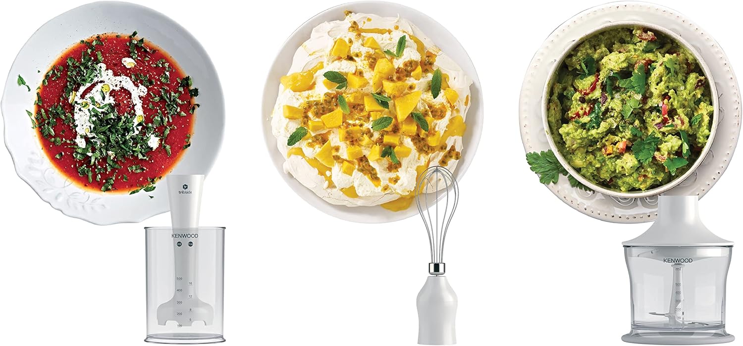 Kenwood Hand Blender 600W with 500ml Chopper, 500ml Jug, Whisk, Triple Blade Technology HDP 104Wg - White