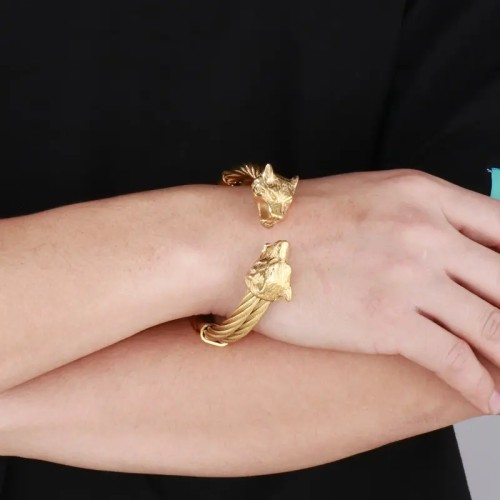 KALEN Wolf Skull Head Bracelet Stainless Steel Braided Cable Cuff Bracelet Bangle