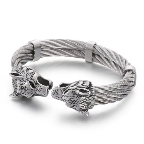 KALEN Wolf Skull Head Bracelet Stainless Steel Braided Cable Cuff Bracelet Bangle