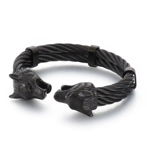 KALEN Wolf Skull Head Bracelet Stainless Steel Braided Cable Cuff Bracelet Bangle