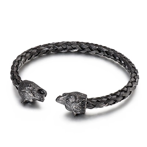 KALEN Wolf Skull Head Bracelet Stainless Steel Braided Cable Cuff Bracelet Bangle