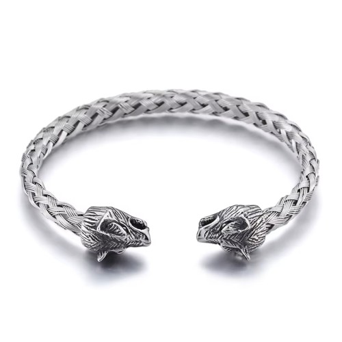 KALEN Wolf Skull Head Bracelet Stainless Steel Braided Cable Cuff Bracelet Bangle