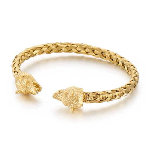 KALEN Wolf Skull Head Bracelet Stainless Steel Braided Cable Cuff Bracelet Bangle