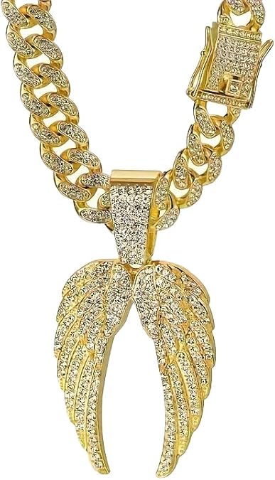 Angel Wings Gold Plated Iced Cuban Chain Hip Hop Necklace Unisex Men Women