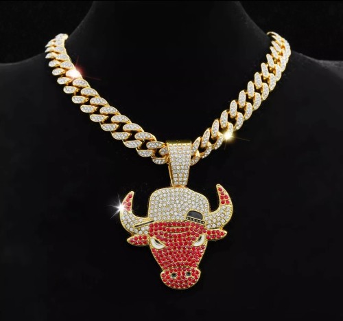 Red Bull Large Pendant Necklace, Hip Hop Cuban Link Chain