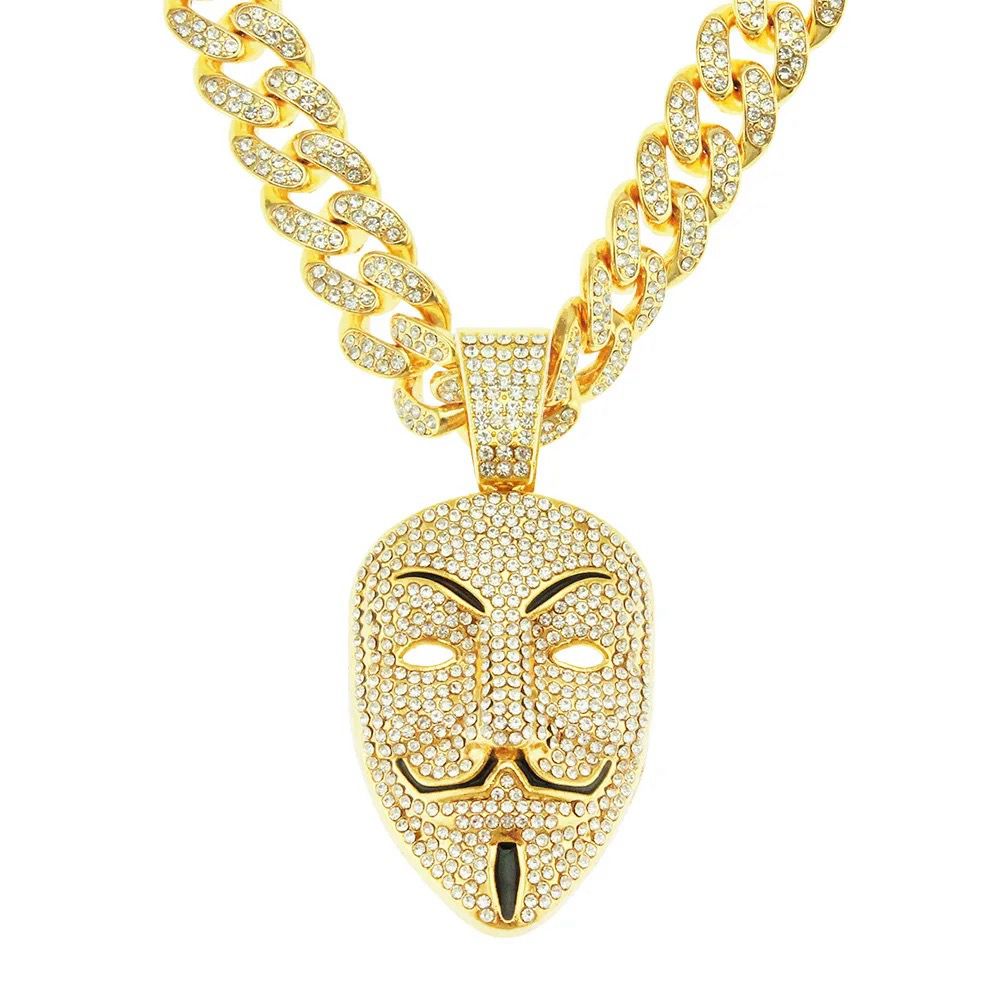 Vendetta Pendant Necklace for Men Jewelry Crystal Cuban Chain Anonymous Hacker
