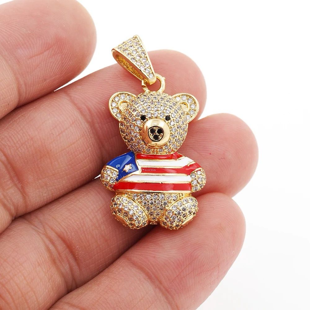 Teddy Bear with Puerto Rico Flag Cz Stones Yellow Gold