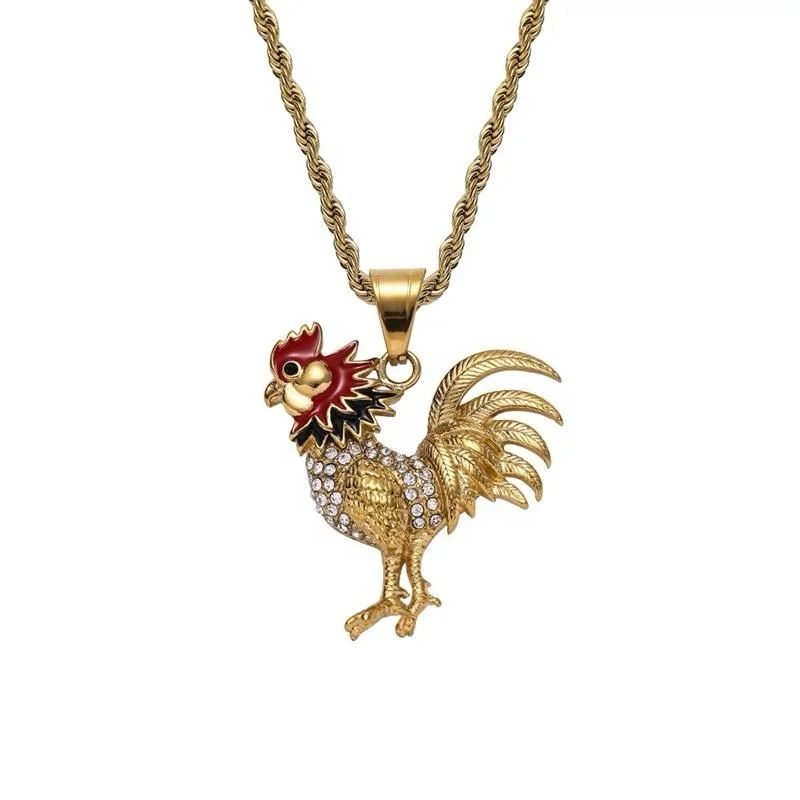 Antique Gold Rooster Pendant with Zircon for Men and Women