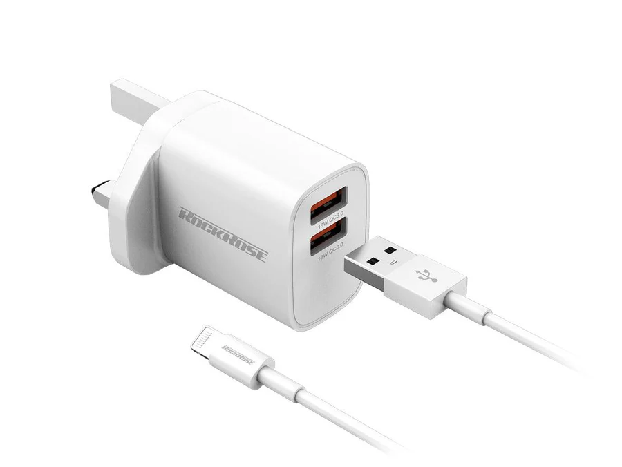 Rockrose 18W Dual Port Travel Charger QC 3.0 Quick Lightning Cable UK