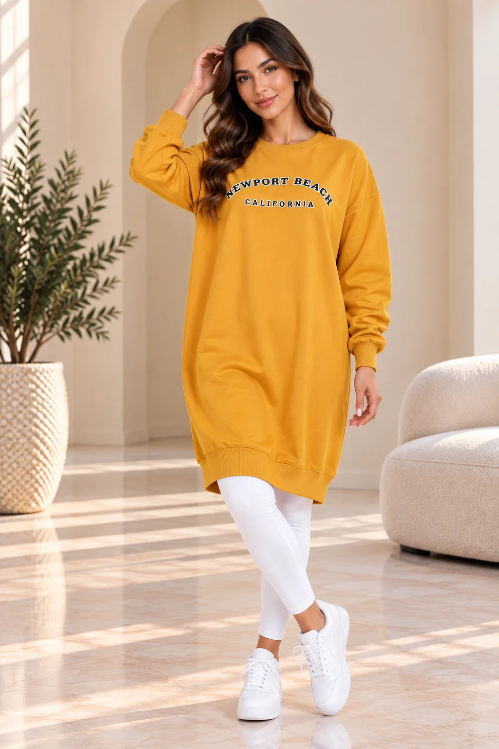 Poncik - Women’s Oversized Long Sweatshirt with Newport Beach Print, Mustard Yellow color option