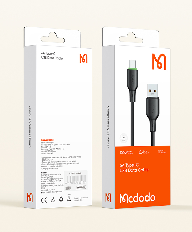 Mcdodo Ca4750 Alpha Series Type-C 6a Data Cable With Led Light 1.2m