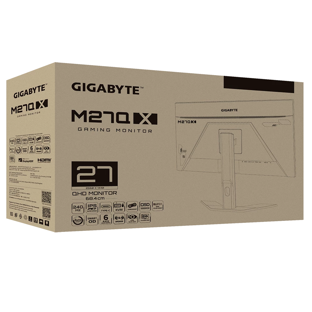 Gaming Monitor GIGABYTE M27Q X 27 2K 240Hz KVM IPS Display 1ms MPRT Response Time 92% DCI P3 1x Display Port 1.4 2x HDMI 2.0 2x USB 3.0 1x USB Type C M27Q X SA