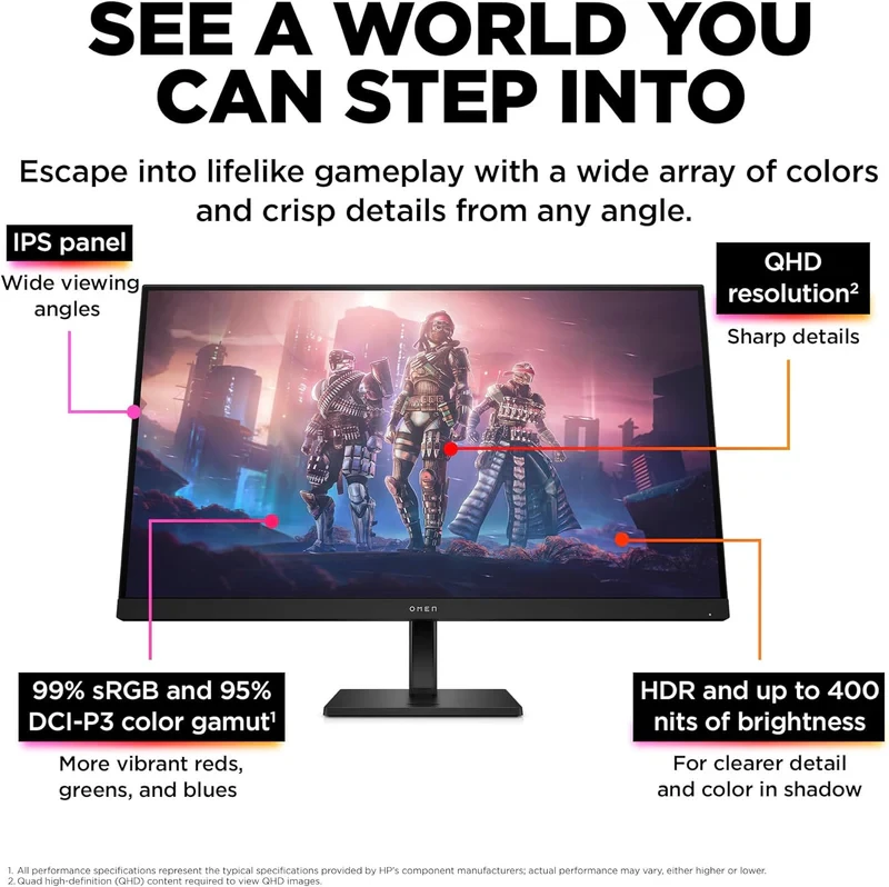Gaming Monitor HP OMEN 32q 31.5 Inch 2K IPS Flat 165Hz 1ms 400 nits FreeSync Premium DisplayPort and 2x HDMI 2.0 Eyesafe