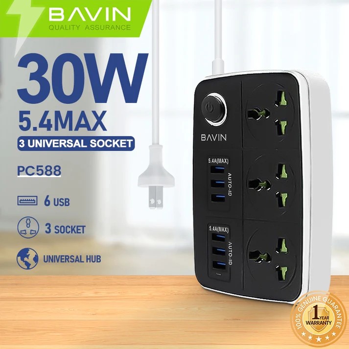 BAVIN C-S-PC588 30W Extension Hub w/ 3 Power Jacks & 6 USB Ports