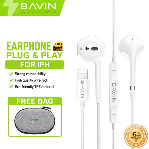 BAVIN H-I-HX860 Hi-Fi Wired Earphones for iPhone Series w/ Stereo Sound & Free Bag