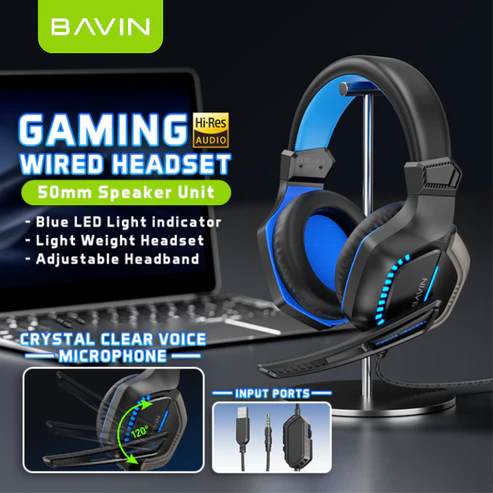 BAVIN  Gaming Wired Headset w/120° Adjustable HD Microphone & Blue LED Light for Computers/Laptops