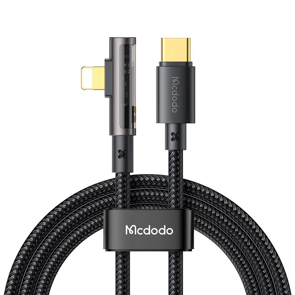 mcdodo 90Â° 100w type-c to type-c transparent 1.2m data cable braided - black