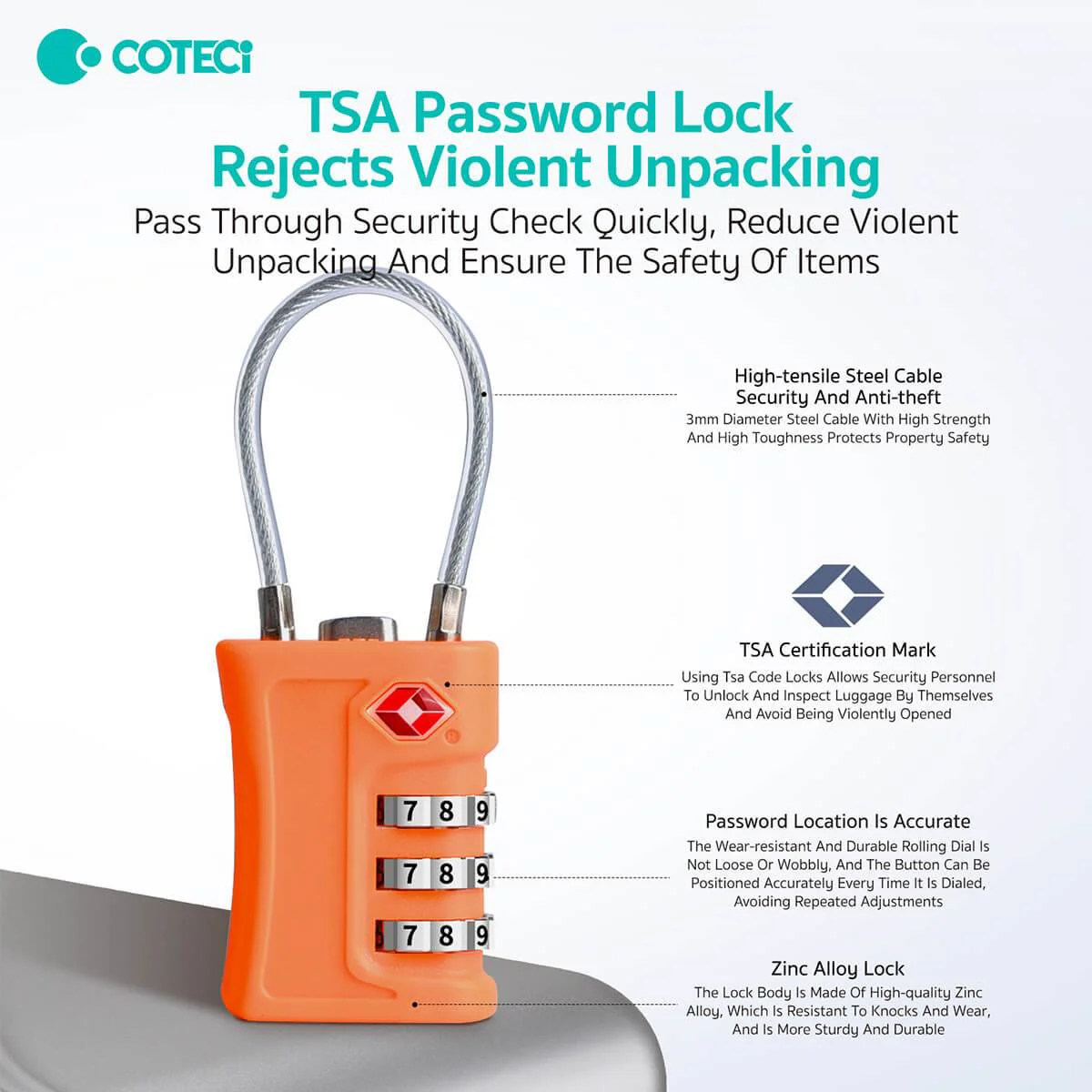 COTECi TSA Customs Code 3 Digit Combination Lock