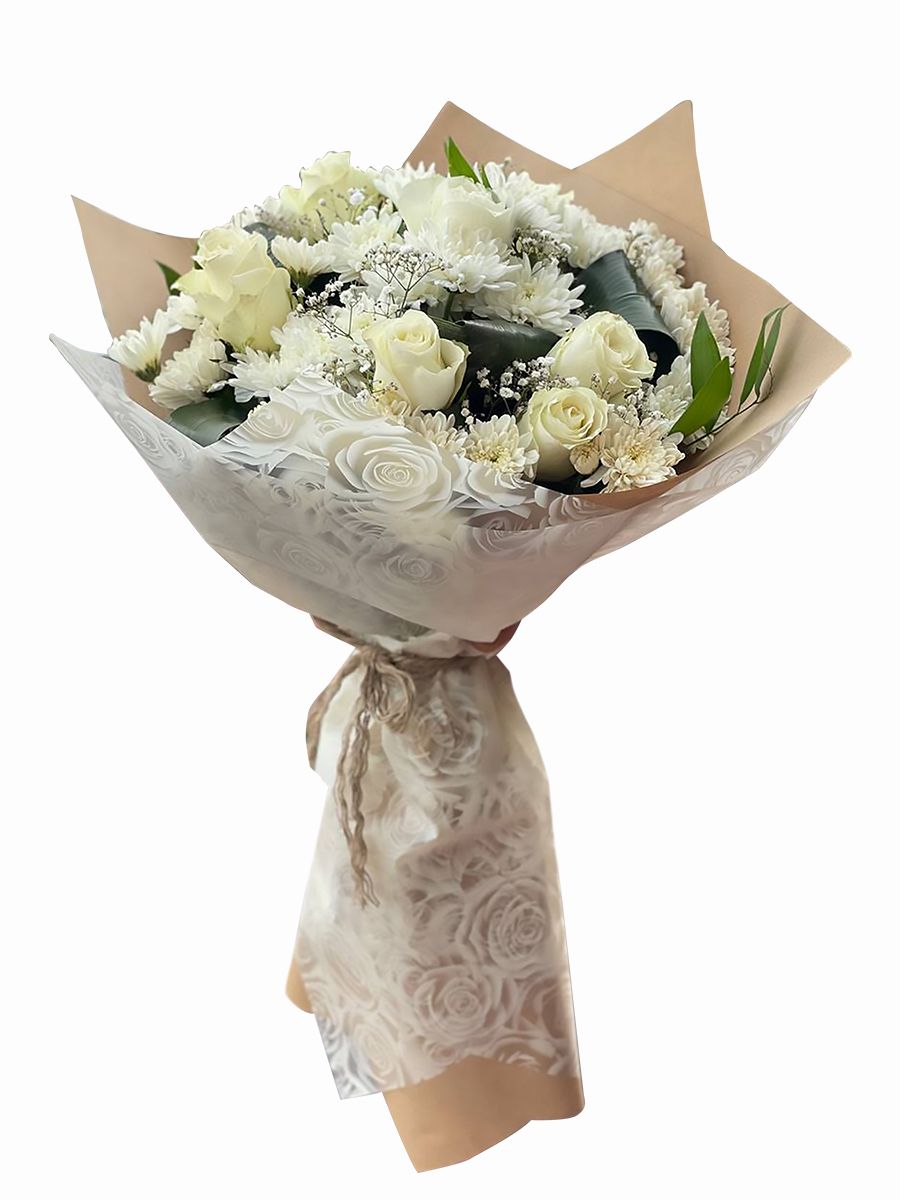 White fairy bouquet(7 roses -10 chrysanthemum )