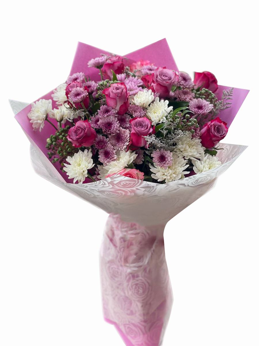 Roses and Mixed Chrysanthemums Bouquet (8 roses - 10 Chrysanthemums )