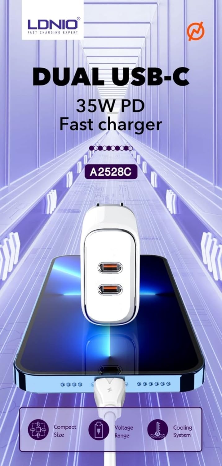 LDNIO A2528C Super Fast Charging 35W With Dual PD Charger With Type-C To Lightning Cable