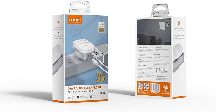 LDNIO A2425C Fast Wall Charger With Cable From USB To Lightning And PD Plus QC LED