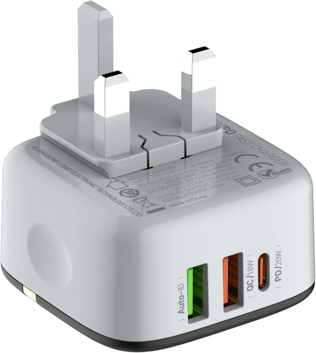 LDNIO A3513Q Super Fast Wall Charger With Dual USB/Type C Ports And Lightning Cable 32W