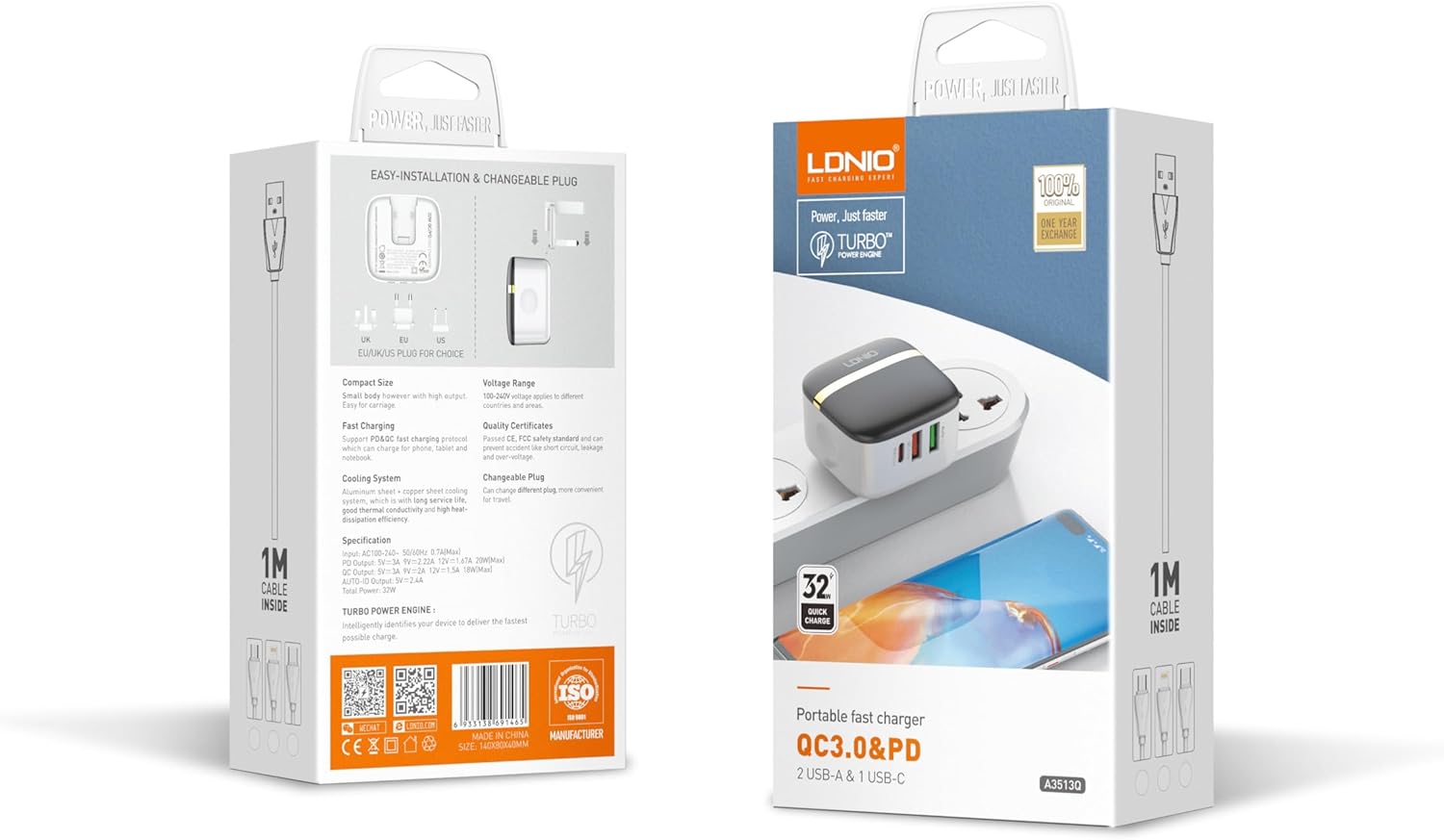 LDNIO A3513Q Super Fast Wall Charger With Dual USB/Type C Ports And Lightning Cable 32W