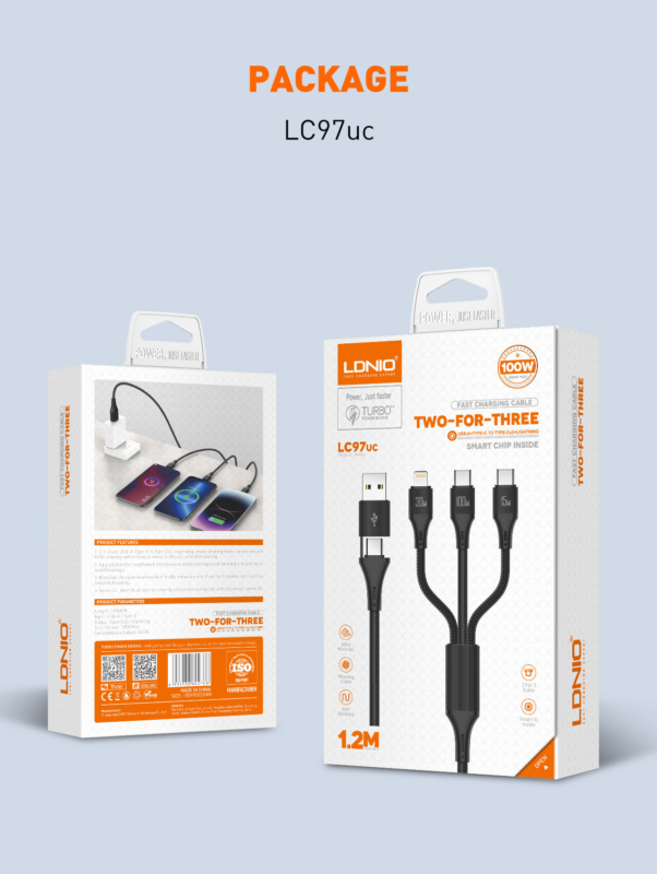 3 in 2 100W 1.2M Fast Charging Convertible cable data transmission multifunction USB cable 