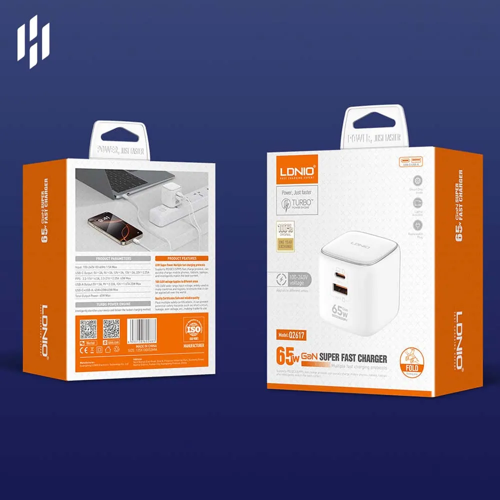 LDNIO 65W GaN Super Fast Charger Dual-USB Port Travel Charge