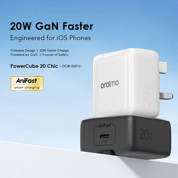 oraimo PowerCube 20 Chic 20W GaN Wall Charger Kit with Type-C to Lightning Cable