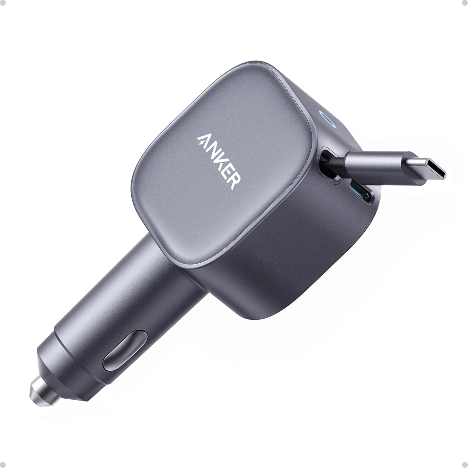 Anker 75W USB-C Car Charger with Built-in Retractable USB-C Cable