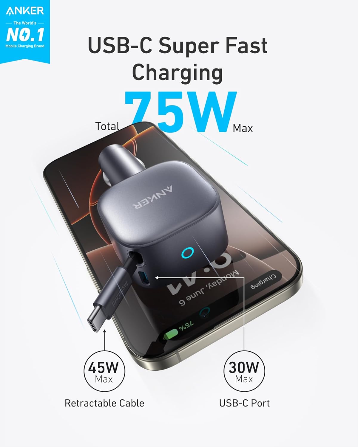 Anker 75W USB-C Car Charger with Built-in Retractable USB-C Cable