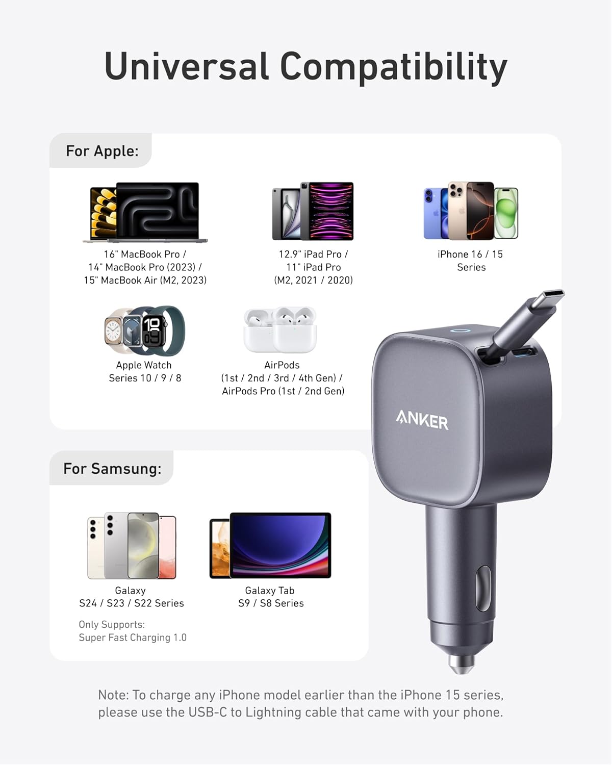 Anker 75W USB-C Car Charger with Built-in Retractable USB-C Cable