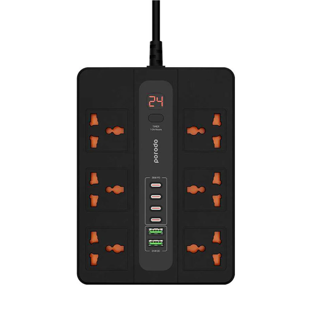 Porodo 6 AC 2 USB-A 24W & 4 USB-C PD 36W Multi-Port Super Hub 3M 3000W UK - Black