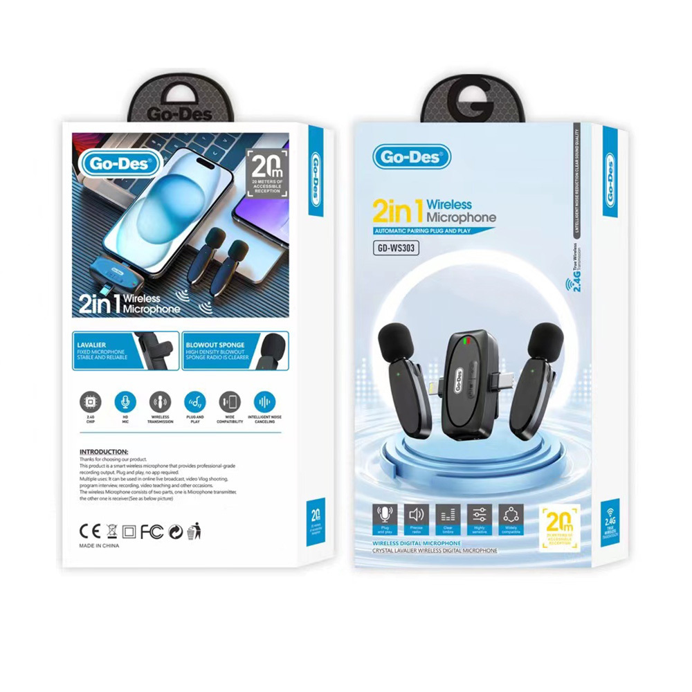 Go Des GD-WS303 2in1 Wireless Lapel Microphone with Type-C and Lightning Port