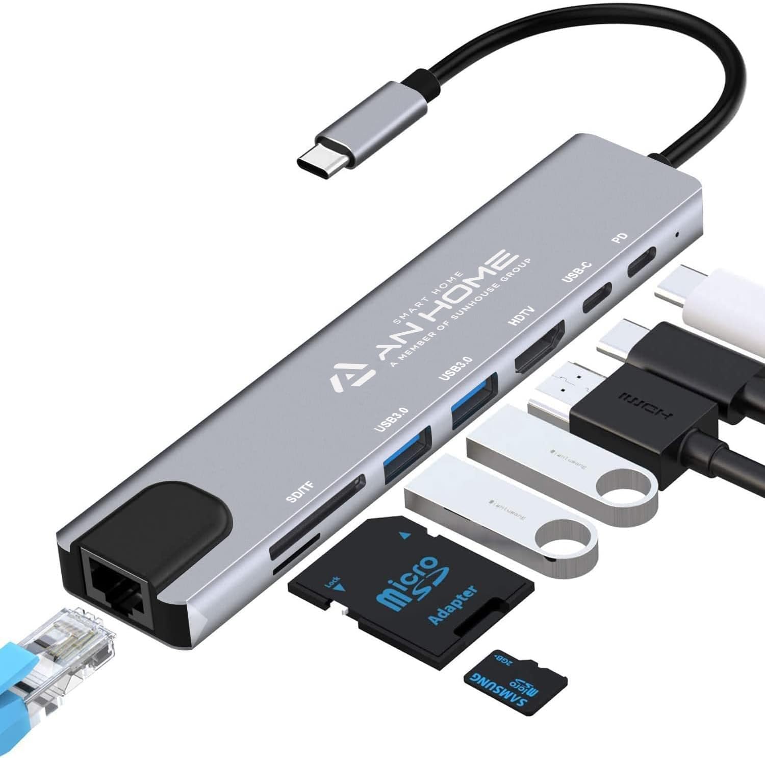 Type-C to HDTV 8 in 12 USB/ 2 Type C/ 1 HDMI / 2 Card reader/ ETHERNET-net Dock