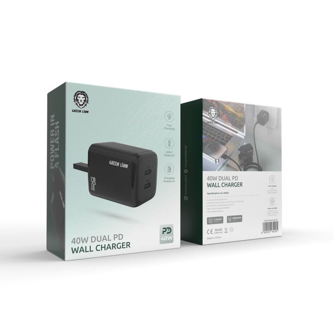 Green Lion 40W Dual PD Wall Charger With USB-C To USB-C Cable - Black