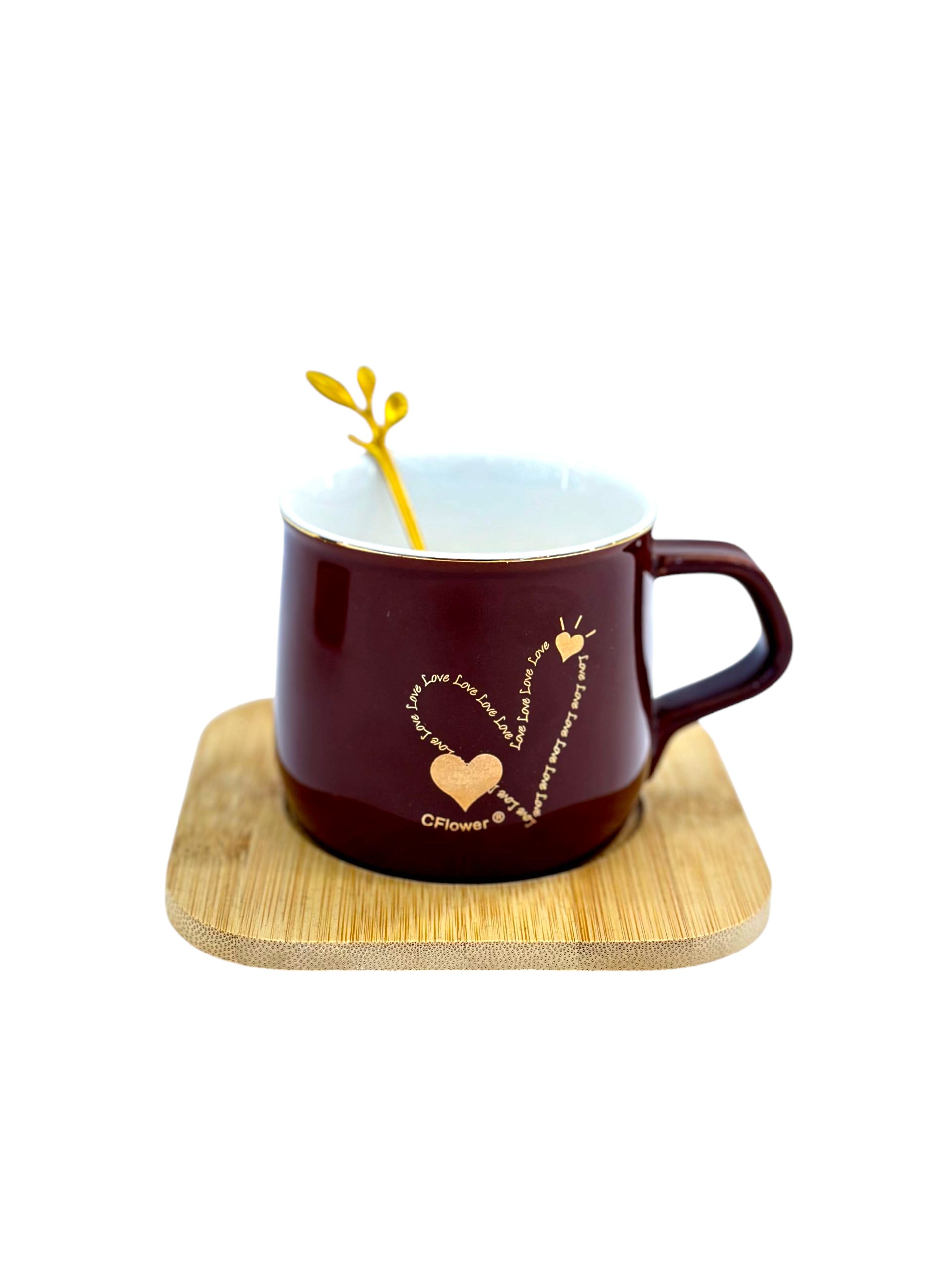 Ceramic mug with wooden base and spoon
