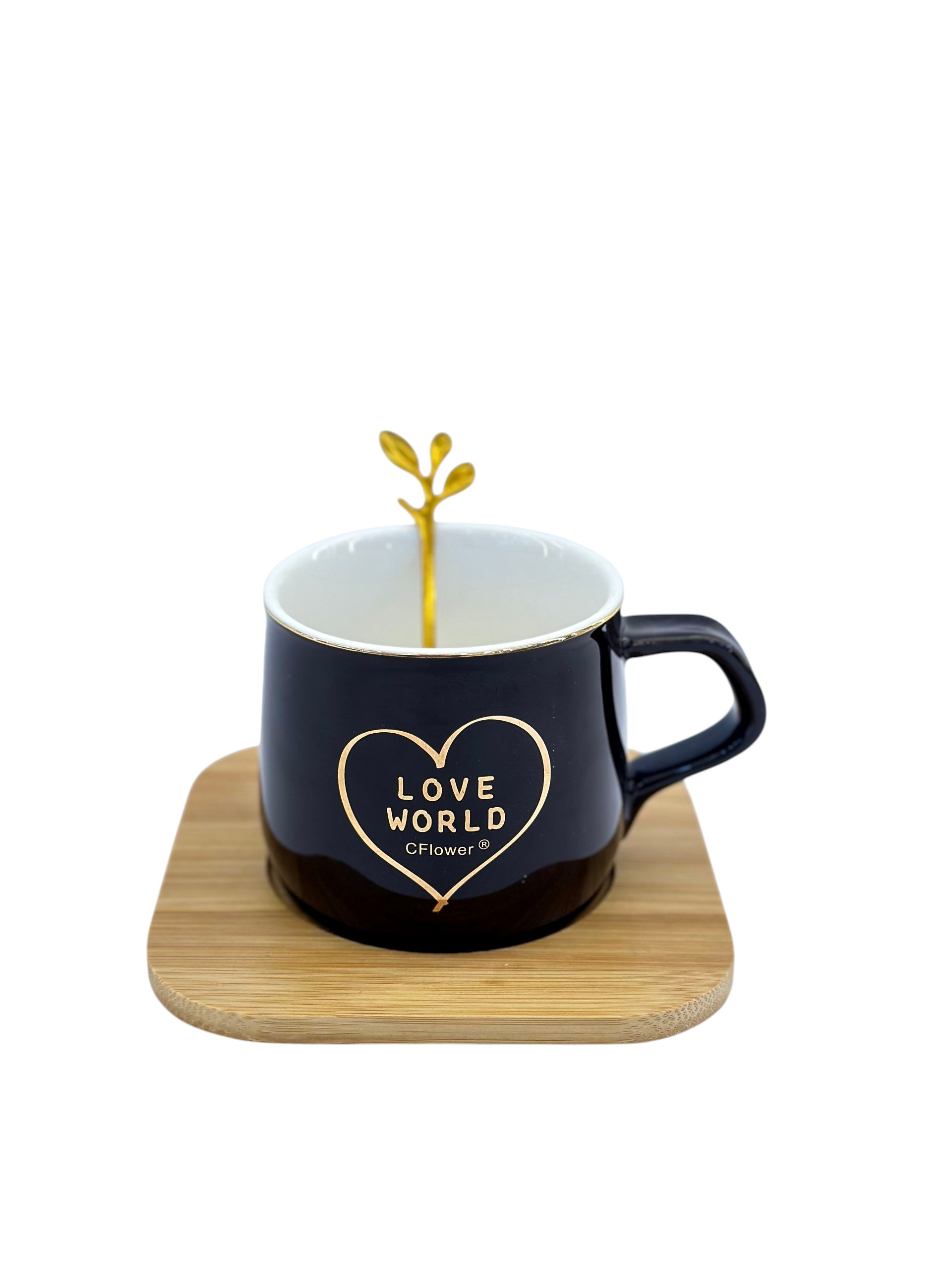 Ceramic mug with wooden base and spoon